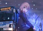  1girl :d bangs bare_tree blue_eyes blunt_bangs bus coat day grey_sky ground_vehicle highres lights long_sleeves medium_hair motor_vehicle open_mouth original outdoors png_pant_(bus) pocket railing scarf smile snowing solo standing tree 