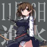  1girl 547th_sy arare_(kantai_collection) arare_(kantai_collection)_(cosplay) arrow background_text belt bow_(weapon) breasts brown_eyes brown_hair buttons commentary_request cosplay cowboy_shot dress grey_background highres hiryuu_(kantai_collection) kantai_collection large_breasts long_sleeves panties pantyshot pinafore_dress quiver remodel_(kantai_collection) school_uniform shirt short_hair solo standing underwear weapon white_panties white_shirt 