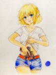  1girl artist_name belt blonde_hair braid colored_pencil_(medium) cowboy_shot cropped_legs cutoffs denim denim_shorts drawing_gun french_braid glock green_eyes gun handgun highres holster lifted_by_self looking_at_viewer midriff mizuhashi_parsee pistol pointy_ears q-bee_(aaru) shirt shirt_lift short_hair short_shorts shorts solo tongue tongue_out touhou traditional_media weapon white_background white_shirt 