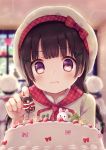  1girl bakery blurry blurry_background blush bow braid brown_hair cake day food frown hair_ornament highres indoors kon_hoshiro original plaid plaid_bow red_bow shop solo_focus standing string_of_flags sweat twin_braids upper_body violet_eyes white_headwear window x_hair_ornament 