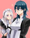  2girls blue_eyes blue_hair blush butler byleth_(fire_emblem) byleth_eisner_(female) closed_mouth edelgard_von_hresvelg fire_emblem fire_emblem:_three_houses glasses hair_ribbon long_hair long_sleeves maid maid_headdress medium_hair multiple_girls pink_background ribbon simple_background sparkle tamama009 towel violet_eyes white_hair 