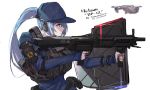  1girl arm_guards arm_shield artist_name bangs belt blue_eyes blue_hair blue_headwear blue_sweater breasts character_name dp-12_(girls_frontline) drone expressionless girls_frontline gun headset holding holding_gun holding_weapon large_breasts load_bearing_vest long_hair looking_afar multicolored_hair pandea_work ponytail pouch pump_action ribbed_sweater shotgun sidelocks solo standard_manufacturing_dp-12 sweater turtleneck turtleneck_sweater weapon white_background white_hair white_sweater 