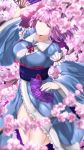  1girl arm_garter arms_up blue_kimono blurry blurry_background blurry_foreground breasts cherry_blossoms eyebrows_visible_through_hair fan floating folded_leg folding_fan highres holding holding_fan japanese_clothes kimono large_breasts leaning_to_the_side long_sleeves looking_at_viewer mirufui no_headwear obi purple_hair saigyouji_yuyuko sash short_hair smile solo touhou tree_branch violet_eyes 