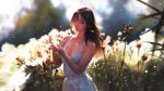  1girl bangs blurry blurry_background breasts brown_eyes brown_hair closed_mouth day dress facing_viewer g-tz highres lips long_hair medium_breasts original outdoors seed signature solo white_dress wind 