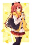  1girl animal_ears autumn bag bag_charm charm_(object) chestnut_mouth coffee_cup cup disposable_cup duffel_coat long_hair looking_at_viewer neptune_(series) panda panda_ears red_eyes redhead scarf school_bag school_uniform shakeko_(neptune_series) signature thigh-highs tsunako 
