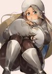  1girl blonde_hair blue_eyes breast_hold breasts commentary_request hat huge_breasts looking_at_viewer luco_san melony_(pokemon) parted_lips pokemon pokemon_(game) pokemon_swsh solo squatting thick_thighs thighs white_footwear white_headwear 