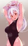  ! 1girl :o arito_arayuru armpits arms_up black_leotard blush breasts fate/grand_order fate_(series) hair_ribbon head_tilt highres large_breasts leotard long_hair looking_at_viewer ponytail red_eyes red_ribbon ribbon sideboob silver_hair solo speech_bubble spoken_exclamation_mark surprised sweat tomoe_gozen_(fate/grand_order) turtleneck_leotard undressing 