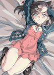  1girl absurdres aqua_eyes arms_up black_hair black_jacket blush choker dress earrings hand_on_own_face highres jacket jewelry lying mary_(pokemon) on_back on_bed pink_dress pokemon pokemon_(game) pokemon_swsh sketch 