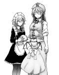  apron blush bow braid buttons expressionless female_pervert from_behind hat head_on_chest head_under_clothes hong_meiling hug izayoi_sakuya jitome koyubi_(littlefinger1988) long_hair maid_headdress monochrome pervert remilia_scarlet scar star touhou twin_braids waist_apron wings 