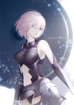  1girl armored_leotard bangs bare_shoulders black_gloves black_leotard character_request commentary_request elbow_gloves eyebrows_visible_through_hair fate/grand_order fate_(series) gloves hair_over_one_eye highres leotard looking_at_viewer marumoru mash_kyrielight navel parted_lips pink_hair solo violet_eyes 