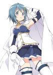  1girl blue_eyes blue_hair blue_skirt blush cape closed_mouth elbow_gloves fortissimo fortissimo_hair_ornament frilled_shirt frills gloves hair_ornament ixy looking_at_viewer magical_girl mahou_shoujo_madoka_magica midriff miki_sayaka musical_note_hair_ornament pleated_skirt shirt short_hair skirt smile solo standing thigh-highs white_background white_cape white_gloves white_legwear zettai_ryouiki 