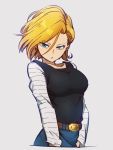  1girl android android_18 belt blonde_hair blue_eyes breasts denim denim_skirt dragon_ball dragon_ball_z earrings jewelry kemachiku large_breasts looking_at_viewer open_mouth shirt short_hair simple_background skirt solo 