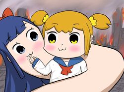  2girls blonde_hair blue_eyes blue_hair cornstarchia destruction finger_to_mouth flame highres middle_finger pipimi poptepipic popuko red_ribbon seifuku yellow_eyes 