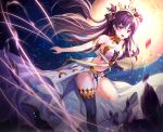  1girl asymmetrical_legwear asymmetrical_sleeves bangs bare_shoulders black_hair blush breasts commentary_request crown detached_collar earrings elbow_gloves eyebrows_visible_through_hair fate/grand_order fate_(series) full_moon gloves hair_ribbon harusame_(user_wawj5773) highres hoop_earrings ishtar_(fate/grand_order) jewelry long_hair looking_at_viewer medium_breasts moon navel open_mouth parted_bangs red_eyes ribbon single_elbow_glove single_thighhigh smile solo thigh-highs two_side_up 