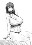  1girl absurdres bangs breasts eyebrows_visible_through_hair gloves greyscale highres huge_breasts megao_3rd midriff monochrome navel original scarf shirt_lift sitting solo stomach tagme toned undershirt white_background 