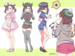  2girls alternate_costume apron aqua_eyes artist_name bikini black_hair blush boots brown_hair embarrassed female_pervert finger_to_mouth full_body long_sleeves maid maid_apron maid_dress maid_headdress mary_(pokemon) multiple_girls nurse open_mouth pervert pokemon pokemon_(game) pokemon_swsh police police_uniform short_twintails skirt smile swimsuit take_your_pick team_rocket thigh-highs thigh_boots thought_bubble twintails uniform vinhnyu yuri yuuri_(pokemon) 