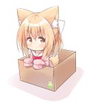  &gt;:) 1girl animal_ear_fluff animal_ears bangs blush bow box brown_eyes cardboard_box chibi closed_mouth commentary_request eyebrows_visible_through_hair hair_between_eyes highres in_box in_container light_brown_hair long_sleeves looking_at_viewer nakkar original pink_shirt red_bow shadow shirt sleeves_past_fingers sleeves_past_wrists smile solo tail v-shaped_eyebrows white_background 