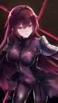  1girl bodysuit breasts dark_background fate/grand_order fate_(series) gae_bolg hair_intakes highres holding holding_weapon k.syo.e+ large_breasts leotard long_hair pauldrons polearm purple_bodysuit purple_hair purple_leotard red_eyes scathach_(fate)_(all) scathach_(fate/grand_order) shoulder_armor signature solo spear weapon 