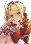  1girl ahoge bangs blonde_hair blush braid breasts closed_mouth dress epaulettes fate/extra fate/grand_order fate_(series) french_braid gambe green_eyes hair_between_eyes hair_bun hair_intakes hair_ribbon highres knees_up large_breasts long_hair long_sleeves looking_at_viewer nero_claudius_(fate) nero_claudius_(fate)_(all) petals red_dress red_ribbon ribbon simple_background sitting smile solo white_background 