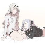  2girls ak-12_(girls_frontline) an-94_(girls_frontline) blue_eyes blush braid closed_eyes closed_mouth girls_frontline grey_hair hand_on_own_cheek highres long_hair long_sleeves lying maiqtells midriff multiple_girls navel seiza silver_hair sitting sweater turtleneck turtleneck_sweater 