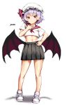  1girl absurdres alternate_costume artist_name bangs bare_legs bat_wings black_skirt blush commentary_request contemporary crop_top full_body hand_on_hip hand_up hat hat_ribbon highres lavender_hair looking_at_viewer midriff miniskirt mob_cap navel pleated_skirt pointy_ears red_eyes red_ribbon red_sailor_collar remilia_scarlet ribbon sailor_collar school_uniform serafuku shadow shirt shoes short_hair short_sleeves simple_background skirt smile sneakers solo standing stomach thighs touhou white_background white_footwear white_headwear white_shirt wings yoonsemo 