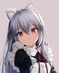  animal_ear_fluff animal_ears apron artist_name bangs borrowed_character brown_background cat_ears cat_girl closed_mouth commentary grey_hair hair_between_eyes haneru highres juliet_sleeves long_hair long_sleeves looking_at_viewer maid neck_ribbon original puffy_sleeves red_eyes red_neckwear red_ribbon ribbon simple_background upper_body white_apron 