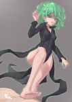  1girl absurdres black_dress breasts collarbone commentary_request curly_hair dress green_eyes green_hair grey_background hair_between_eyes highres long_sleeves looking_at_viewer miso_(b7669726) no_panties one-punch_man open_mouth saitama_(one-punch_man) short_hair simple_background small_breasts solo tatsumaki 