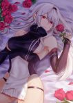  1girl absurdres armpits azur_lane bangs bare_shoulders bed_sheet breasts closed_mouth colorado_(azur_lane) commentary detached_sleeves eyebrows_visible_through_hair flower hair_between_eyes hairband high_collar highres holding holding_flower long_hair looking_at_viewer lying medium_breasts on_back on_bed red_eyes red_flower red_rose rose sideboob smile solo suprii white_hair 