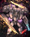  arm_blade extra_arms glowing glowing_eye gun kan_(aaaaari35) mecha no_humans original space sparks thrusters weapon 