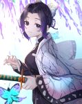  1girl animal bangs black_hair black_jacket blurry blurry_background breasts bug butterfly butterfly_hair_ornament commentary_request depth_of_field eyebrows_visible_through_hair forehead gradient_hair hair_ornament highres holding holding_sheath insect jacket katana kimetsu_no_yaiba kochou_shinobu long_sleeves medium_breasts multicolored_hair open_clothes parted_bangs parted_lips pink_nails purple_hair ready_to_draw sheath sheathed smile solo sword tapioka_(oekakitapioka) violet_eyes weapon wide_sleeves 