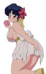  1girl belt black_hair blush bow breasts brown_eyes commentary_request covering covering_ass dress flower food fruit hair_flower hair_ornament hair_ribbon highres holding holding_food holding_fruit kneeling large_breasts legs_together looking_at_viewer mage_(harumagedon) no_bra peach ranma_1/2 revealing_clothes ribbon short_hair sideboob solo tendou_akane thighs white_background white_bow white_dress yellow_footwear 