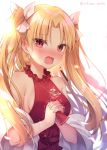  1girl alternate_costume backlighting bangs bare_shoulders blonde_hair blush breasts commentary_request dress earrings ereshkigal_(fate/grand_order) eyebrows_visible_through_hair fate/grand_order fate_(series) food hair_ribbon hands_clasped hands_together hands_up interlocked_fingers jewelry long_hair looking_at_viewer medium_breasts nail_polish nose_blush off_shoulder open_mouth own_hands_together parted_bangs pocky pocky_day red_dress red_eyes ribbon shikitani_asuka sideboob sleeveless sleeveless_dress solo twitter_username two_side_up upper_body very_long_hair white_background white_ribbon 