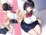  1boy 1girl artist_request black_hair blush bow breasts ear_cleaning hair_over_eyes heart huge_breasts indoors kneeling long_hair massage mimikaki on_bed original red_bow red_neckwear school_uniform shirt skirt striped striped_bow thighs violet_eyes white_shirt 