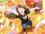 1girl 2others bang_dream! blush brown_hair closed_eyes confetti dress food french_fries happy holding_cup ice_cube official_art open_mouth pizza short_hair smile solo star_hair_ornament toyama_kasumi