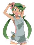  1girl armpits arms_behind_head blush dark_skin flower green_eyes green_hair hair_flower hair_ornament ixy long_hair looking_at_viewer mallow_(pokemon) pokemon pokemon_(game) pokemon_sm simple_background solo teeth trial_captain twintails upper_teeth white_background 