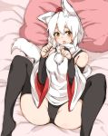  1girl absurdres animal_ear_fluff animal_ears bare_shoulders black_legwear black_panties blush bridal_gauntlets detached_sleeves fang folded hat highres houkai_(collapse_illust) inubashiri_momiji no_pants on_bed open_mouth panties paw_pose pillow pom_pom_(clothes) short_hair solo spread_legs tail thigh-highs tokin_hat touhou underwear white_hair wide_sleeves wolf_ears wolf_tail yellow_eyes 