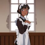  1girl apron black_dress black_hair blush brown_eyes dark_skin dress hands_up indoors long_sleeves looking_at_viewer maid maid_apron original sidelocks solo standing suzushiro_(suzushiro333) tan upper_body window 