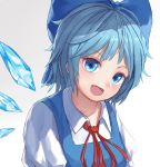  1girl :d bangs blue_bow blue_dress blue_eyes blue_hair blush bow cirno commentary dress eyebrows_visible_through_hair gradient gradient_background grey_background hair_bow head_tilt hoshitokikei ice ice_wings looking_at_viewer neck_ribbon open_mouth pinafore_dress puffy_short_sleeves puffy_sleeves red_neckwear red_ribbon ribbon shirt short_hair short_sleeves smile solo touhou upper_body white_background white_shirt wings 