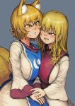  2girls :&lt; ;d animal_ear_fluff animal_ears bangs blonde_hair blush breasts chanta_(ayatakaoisii) commentary_request dress eyebrows_visible_through_hair fox_ears fox_tail grey_background hair_between_eyes highres large_breasts long_hair long_sleeves looking_at_another multiple_girls multiple_tails no_hat no_headwear one_eye_closed open_mouth parted_lips red_eyes short_hair simple_background smile tabard tail touhou upper_body white_dress wide_sleeves yakumo_ran yakumo_yukari yellow_eyes yuri 