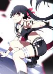  1girl arm_strap bandaged_leg bandages bare_shoulders belt black_hair black_shirt black_shorts blood blurry choker clenched_teeth commentary_request crop_top floating_hair hair_ribbon ichiki_1 injury long_hair looking_at_viewer midriff original red_eyes ribbon shirt shoes short_shorts shorts sleeveless sleeveless_shirt solo stomach teeth twintails v-shaped_eyebrows very_long_hair 
