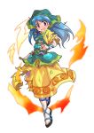  1girl alphes_(style) apron aqua_apron arm_ribbon between_fingers blue_hair blue_ribbon chisel dairi dress eyebrows_visible_through_hair fire full_body green_headwear haniyasushin_keiki head_scarf highres jewelry long_hair looking_at_viewer magatama magatama_necklace necklace open_mouth parody pocket puffy_short_sleeves puffy_sleeves ribbon sandals short_sleeves solo style_parody tachi-e tears tools torn_clothes torn_dress touhou transparent_background violet_eyes wood_carving_tool yellow_dress 