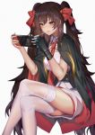  1girl bangs black_gloves blush boots breasts brown_eyes brown_hair candy cape crossed_legs double-breasted eyebrows_visible_through_hair food girls_frontline gloves hair_between_eyes hair_ribbon henz_(86551650) highres holding_handheld_game_console lollipop long_hair looking_at_viewer medium_breasts mouth_hold necktie nintendo_switch pleated_skirt qbz-97_(girls_frontline) ribbon shirt simple_background single_glove skirt solo thigh-highs thighs twintails underbust very_long_hair white_legwear white_shirt 