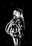  1girl absurdres armband black_background commentary fingerless_gloves girls_frontline gloves h&amp;k_ump45 hair_ornament highres hood hood_down hooded_jacket jacket knee_pads long_hair long_sleeves monochrome one_side_up rain scar scar_across_eye simple_background skirt solo spot_color suidasom ump45_(girls_frontline) yellow_eyes 