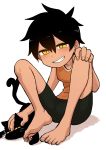  1girl animal animal_ears barefoot bike_shorts black_cat black_hair blush cat cat_ears cat_tail child collarbone commentary grin hair_between_eyes highres kurobe_natsumi_(shiromanta) looking_at_viewer orange_shirt petting senpai_ga_uzai_kouhai_no_hanashi shiromanta shirt short_hair sitting slit_pupils smile solo tail teeth yellow_eyes younger 