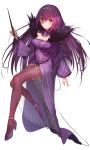  1girl bangs breasts dress fate/grand_order fate/stay_night fate_(series) feather_trim fur-trimmed_dress fur_trim green322 hair_between_eyes headpiece high_heels highres holding holding_wand light_blush long_sleeves medium_breasts moe pantyhose purple_dress purple_hair red_eyes scathach_(fate)_(all) scathach_skadi_(fate/grand_order) shade simple_background solo tiara type-moon ufotable wand white_background 