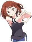  1girl :o black_tank_top blue_shorts blush_stickers boku_no_hero_academia breasts brown_eyes brown_hair ixy looking_at_viewer medium_breasts short_hair shorts simple_background solo tank_top uraraka_ochako white_background 