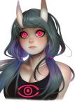  1girl blue_hair blush breasts hairband horns long_hair multicolored_hair pale_skin purple_hair randy_starfru1t red_eyes small_breasts succubus tanktop twin_tails 