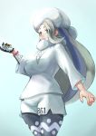  1girl black_legwear blue_background blue_eyes breasts grey_nails highres holding holding_poke_ball jewelry large_breasts long_hair long_sleeves melon_(pokemon) poke_ball pokemon pokemon_(game) pokemon_swsh ring sayuumigi silver_hair solo standing sweater thick_eyebrows very_long_hair white_headwear 