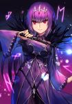  1girl bangs breasts detached_collar dress fate/grand_order fate_(series) feather_trim hair_between_eyes hankuri holding holding_wand jewelry large_breasts long_hair long_sleeves looking_at_viewer parted_lips pendant purple_dress purple_hair red_eyes runes scathach_(fate)_(all) scathach_skadi_(fate/grand_order) smile solo tiara wand 