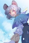  animal_ears arm_up bangs blue_sky capelet clouds cloudy_sky dress eyebrows_visible_through_hair eyes_visible_through_hair grey_dress grey_hair hair_between_eyes hand_up highres long_sleeves looking_down mouse_ears nayozane_(worker7) nazrin open_mouth petals pink_eyes pointing shadow shirt short_hair sky smile sunlight touhou white_shirt white_sleeves 